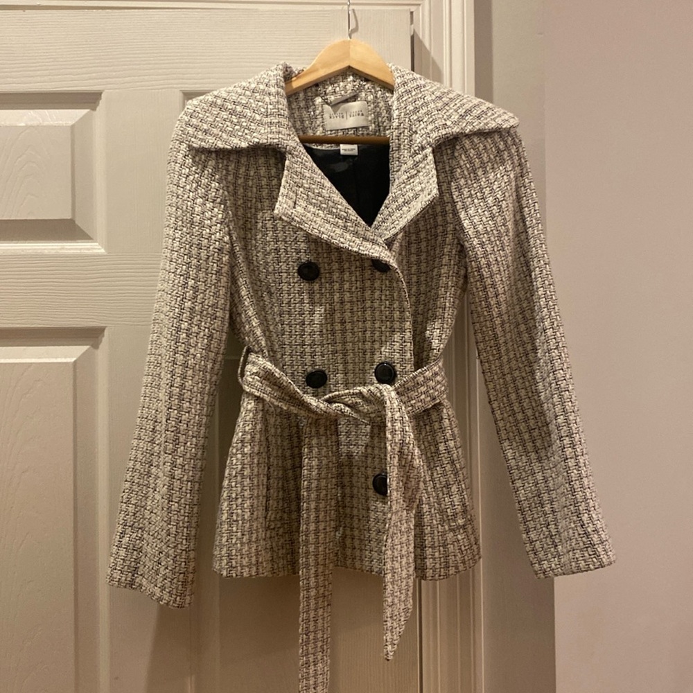 White and black tweed pea coat with belt size xs